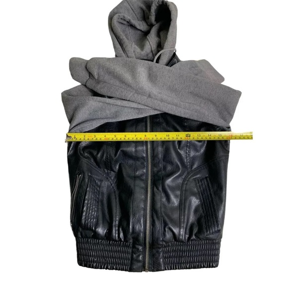 Womens Vegan Faux Leather Jacket Small Miss London Zip Up Hoodie Black/Gray - Picture 9 of 12